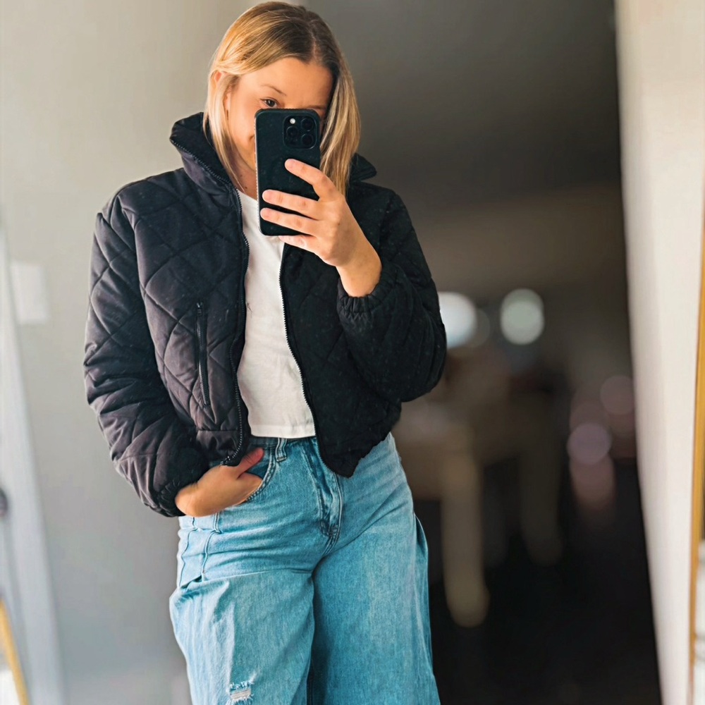 NEW White Birch Black Quilted Puffer Bomber Jacket